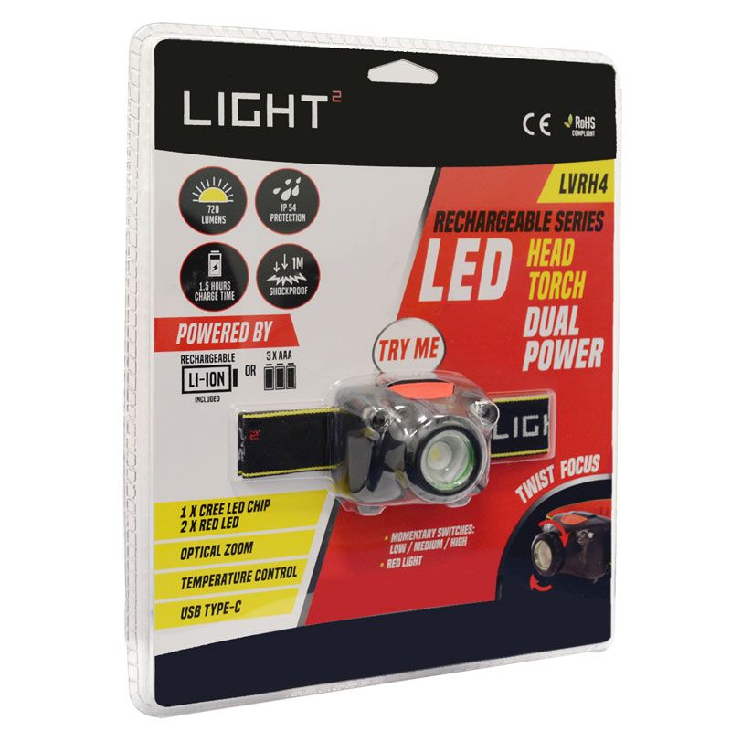 Light2 Rechargeable LED Head Torch 720 Lumens Adjustable Spread/Focus, Low/Med/High & Red, IP54 - LVRH4, image 4