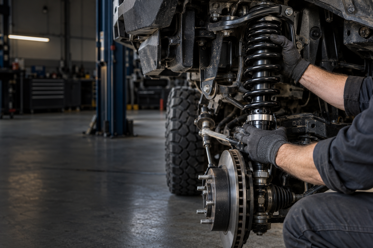 Mechanic fitting a suspension lift to a 4WD in a workshop