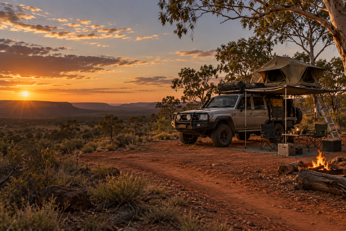 4WD touring ute and rooftop tent at an Australian outback campsite