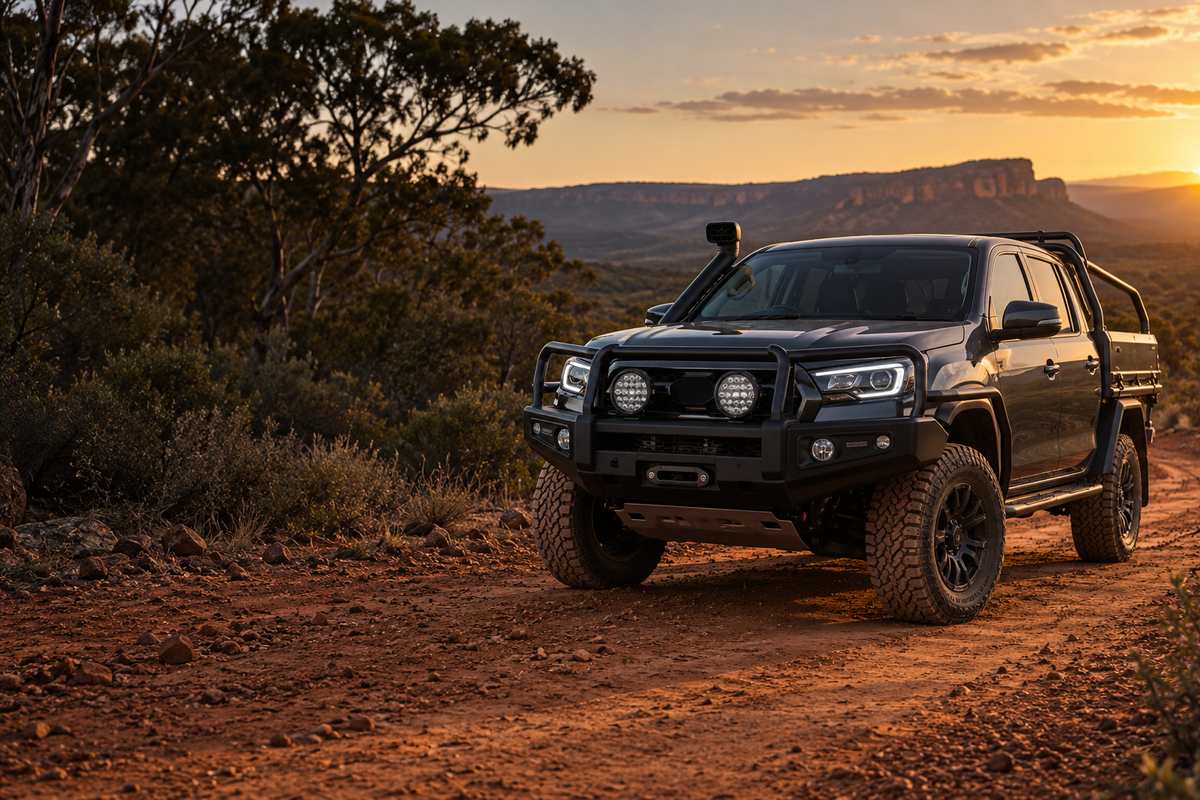 4WD ute with steel bull bar on an Australian outback track