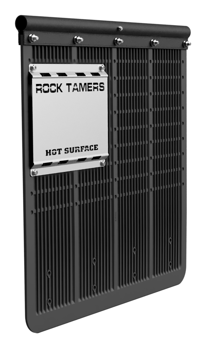 Angled view of Rock Tamers heat shield fitted to a mudflap