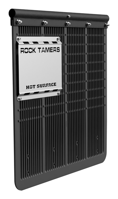 Angled view of Rock Tamers heat shield fitted to a mudflap