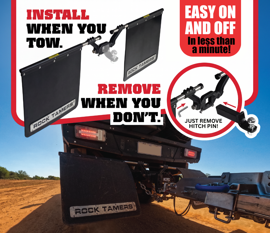 Rock Tamers mudflaps shown attaching and detaching from the towbar