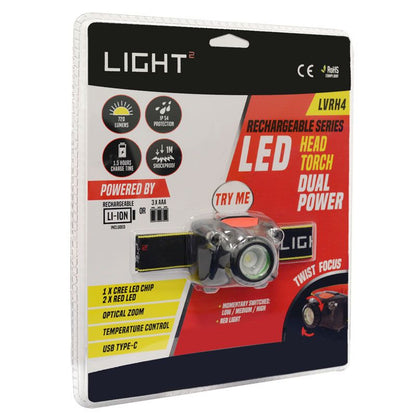 Light2 Rechargeable LED Head Torch 720 Lumens Adjustable Spread/Focus, Low/Med/High & Red, IP54 - LVRH4, image 4